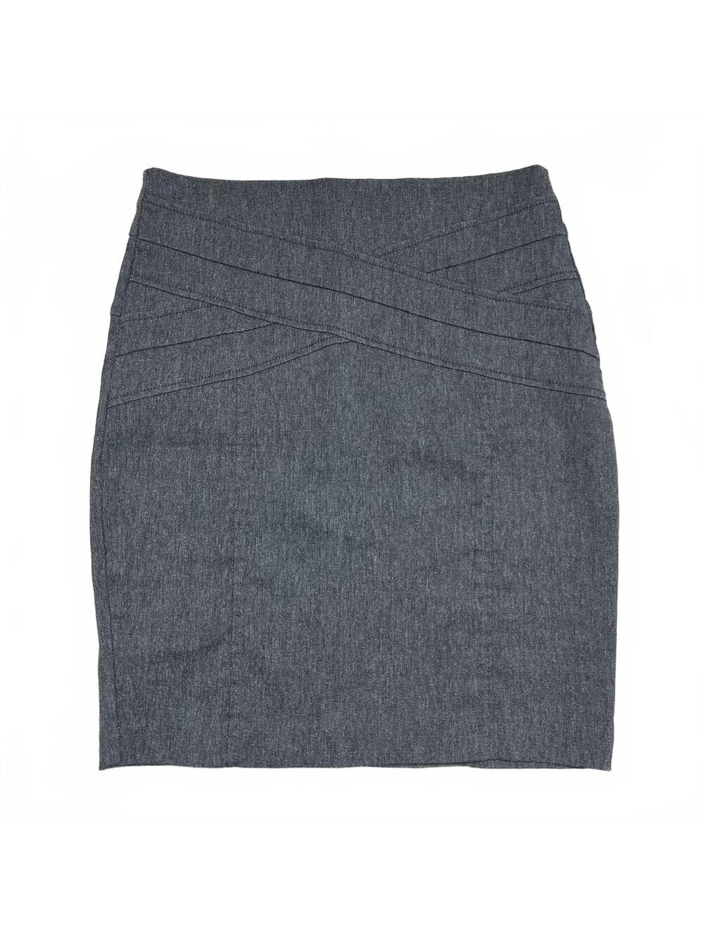 Y2K Dynamite Sz 7 Grey Fitted Pencil Skirt Crisscross Panels Detail Office Siren